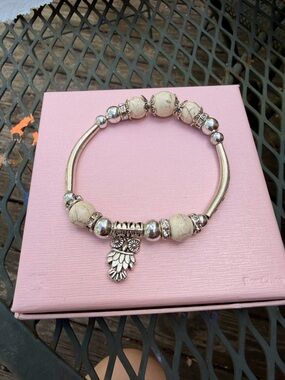 Cream Beaded Bracelet with Silver Owl Charm
